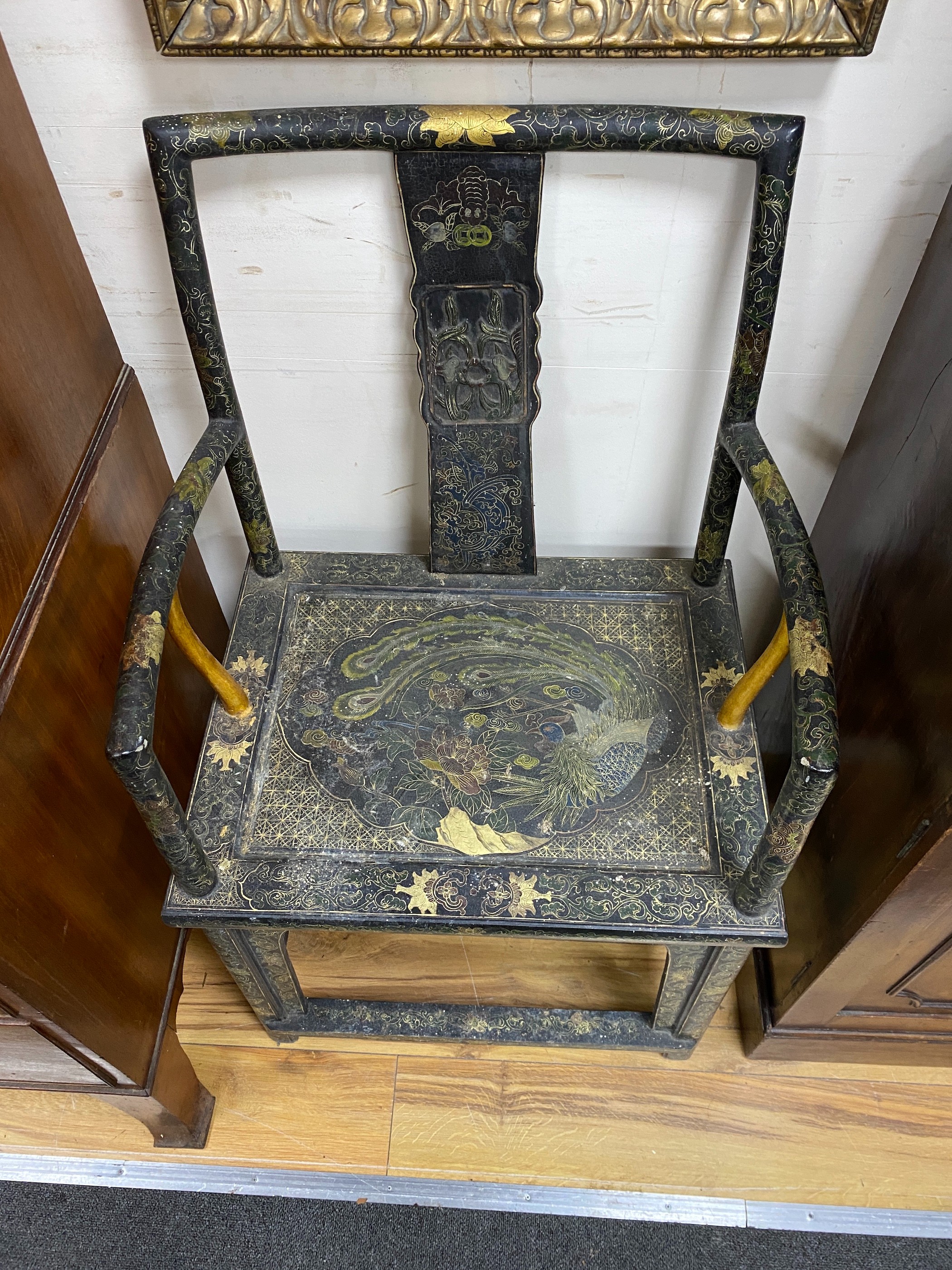 Three Chinese lacquered elbow chairs, width 56cm depth 42cm height 98cm
